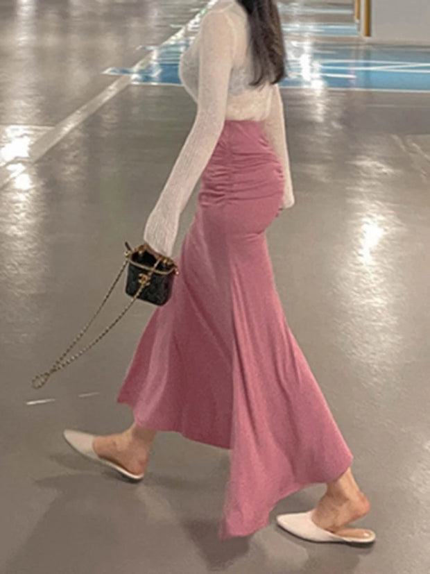 Shirring Satin Skirts for Women High Waisted