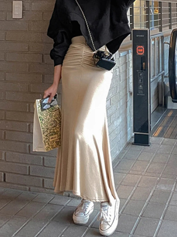 Shirring Satin Skirts for Women High Waisted