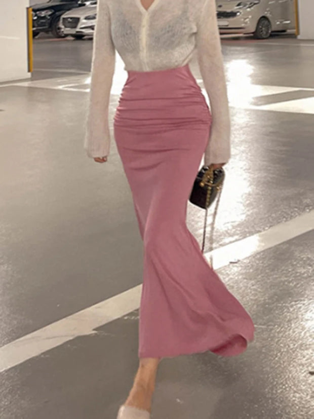 Shirring Satin Skirts for Women High Waisted